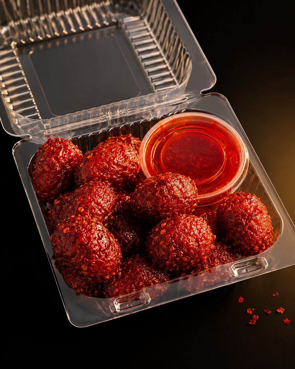 Container of chamoy-coated dulces enchilados with dipping sauce