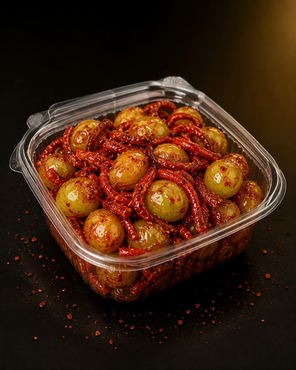 Grapes enchiladas, chamoy-coated candy with chili strips