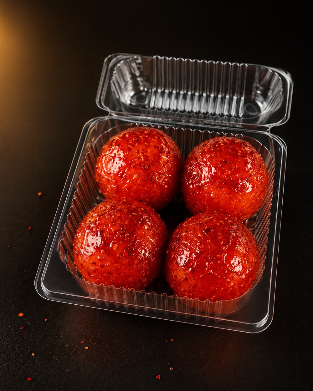 Mandarinas enchiladas, chamoy-coated candy in a clamshell container